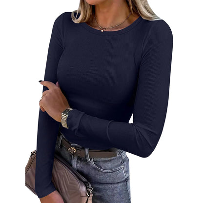Women’s Ribbed Long Sleeve Crewneck Top – Slim Fit Basic Tee