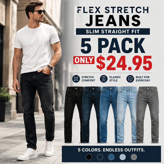 Men's 3-Pack Flex Stretch Slim Straight Jeans with 5 Pockets Denim Fabric Menswear