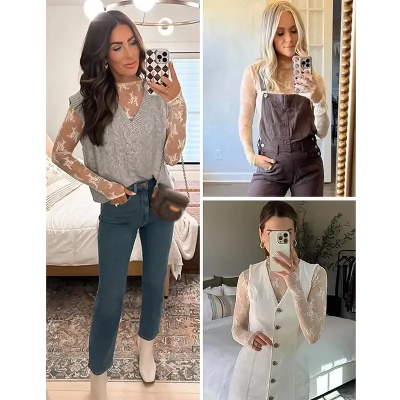 Women‘s Mesh Tops Lace Long Sleeve Shirts