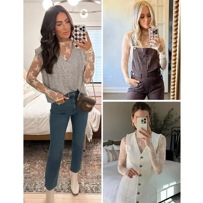 Women‘s Mesh Tops Lace Long Sleeve Shirts