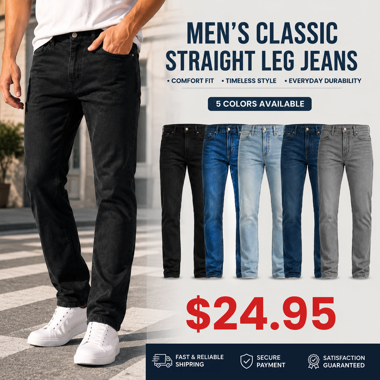 Men's 3-Pack Flex Stretch Slim Straight Jeans with 5 Pockets Denim Fabric Menswear
