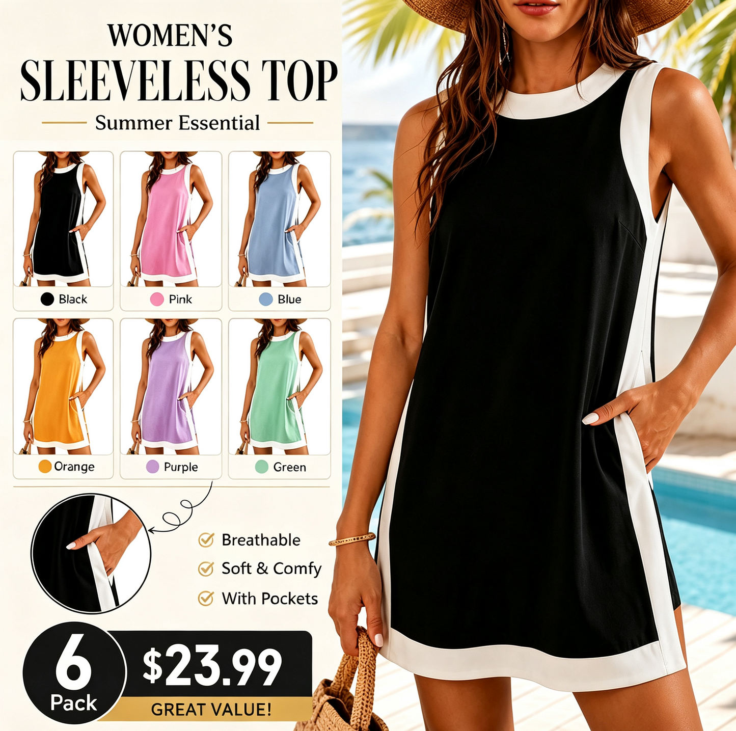 📢📢Summer Sale ⏰Women's Casual Color Block Sleeveless Tops Matching Shorts