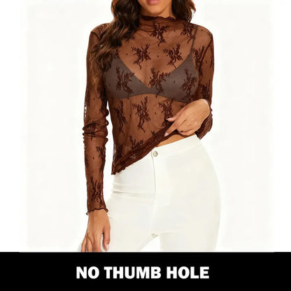 Women‘s Mesh Tops Lace Long Sleeve Shirts