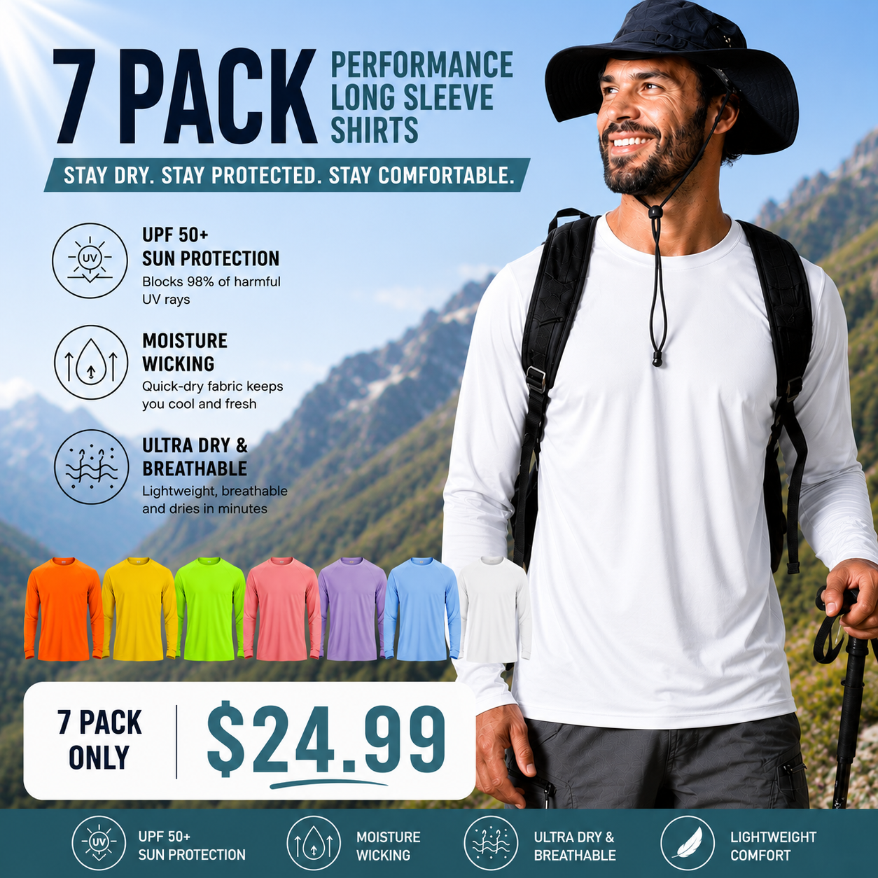 Men's UPF 50+ Long Sleeves Shirts Quick Dry Lightweight Summer Sportswear Crew Neck Tops