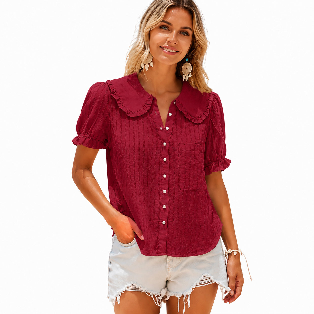 🔥Womens Puff Sleeve Shirts Peter Pan Collar Button Down Cotton Blouse Casual Summer Textured Tops