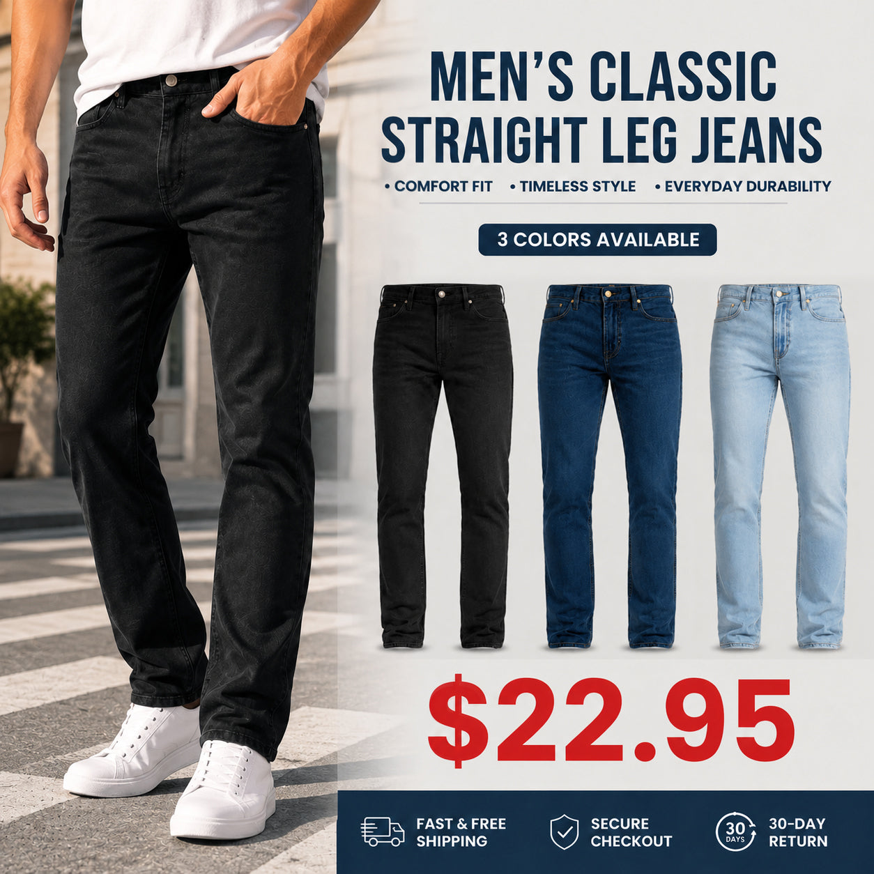 Men's 3-Pack Flex Stretch Slim Straight Jeans with 5 Pockets Denim Fabric Menswear