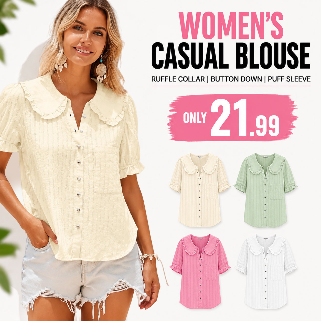 🔥Womens Puff Sleeve Shirts Peter Pan Collar Button Down Cotton Blouse Casual Summer Textured Tops