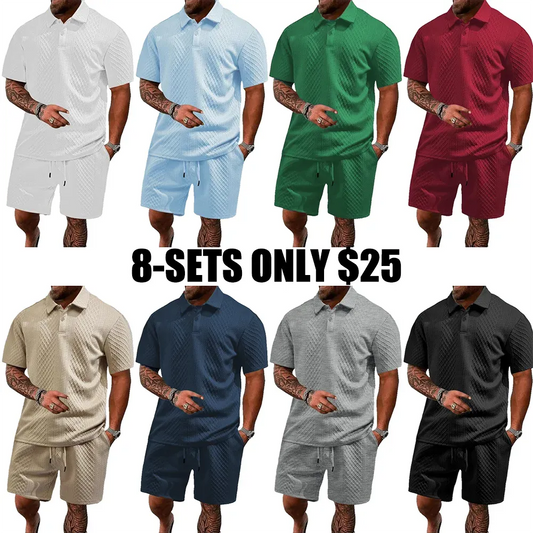 Men's Solid Polo Shirt & Drawstring Waist Shorts Set