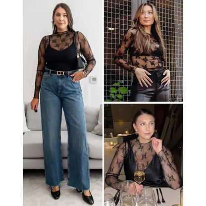 Women‘s Mesh Tops Lace Long Sleeve Shirts