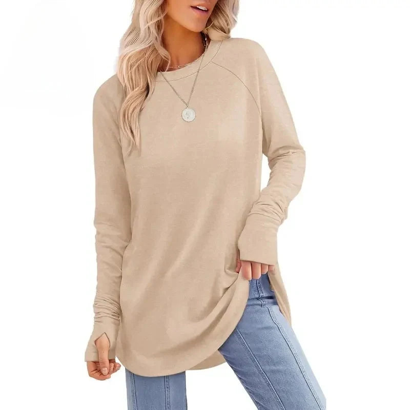 Women's Long Sleeve Tops Curved Hem Loose Fit