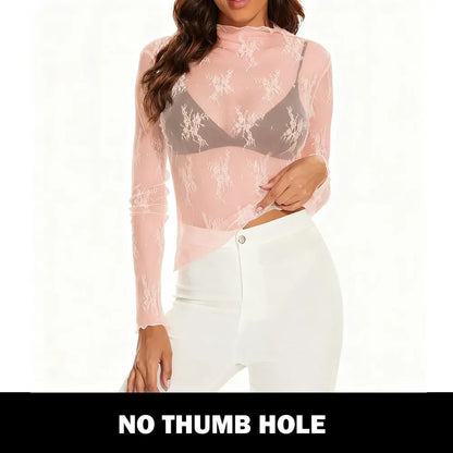 Women‘s Mesh Tops Lace Long Sleeve Shirts