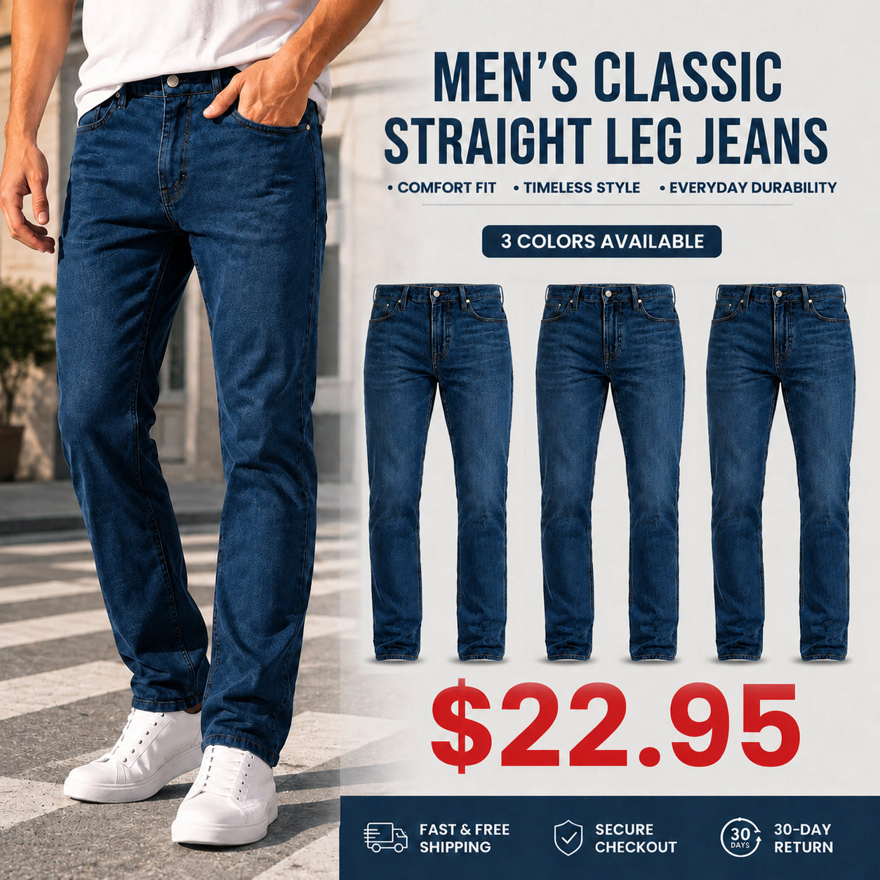 Men's 3-Pack Flex Stretch Slim Straight Jeans with 5 Pockets Denim Fabric Menswear