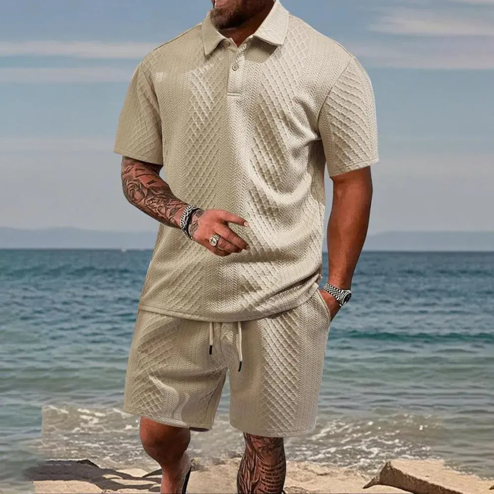 Men's Solid Polo Shirt & Drawstring Waist Shorts Set