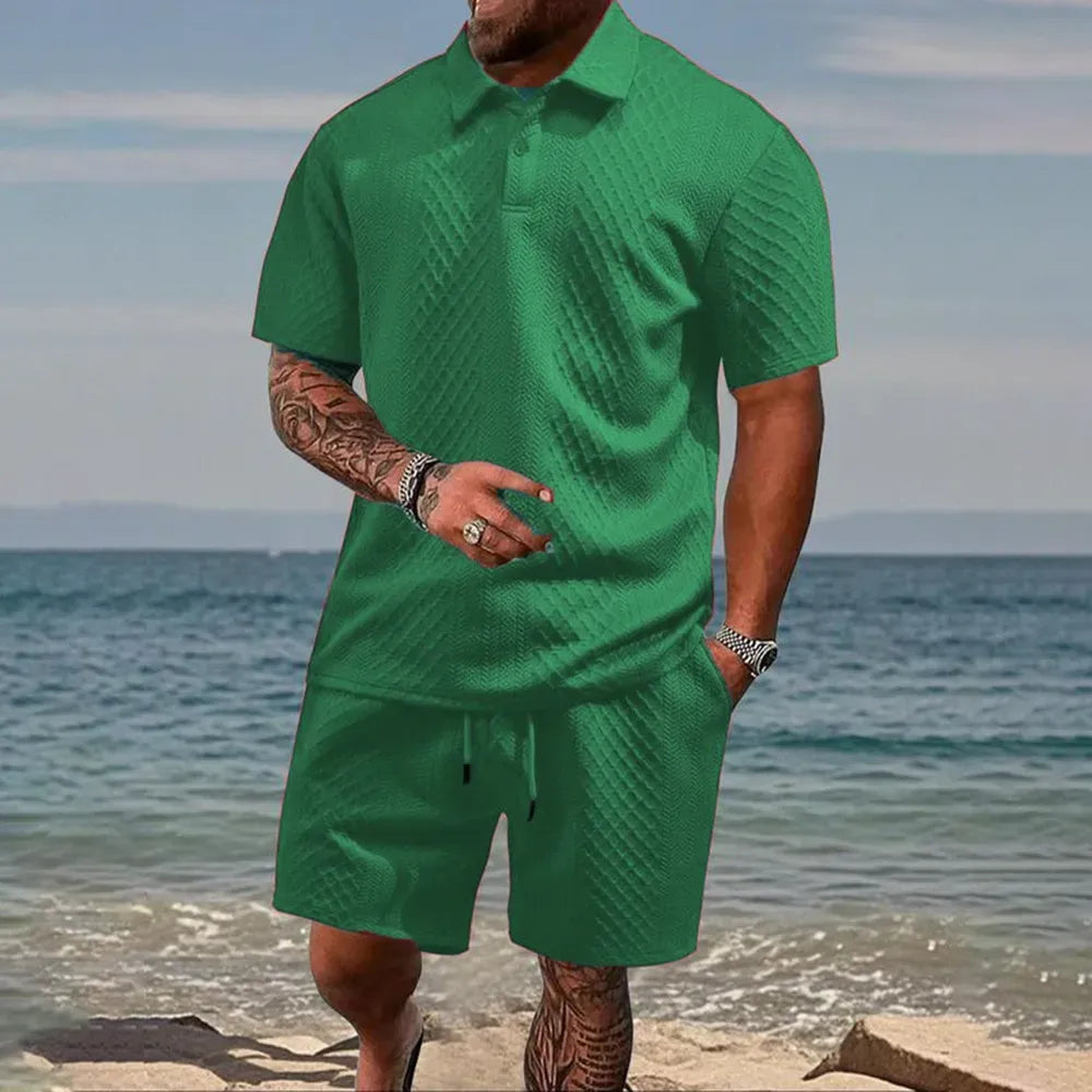 Men's Solid Polo Shirt & Drawstring Waist Shorts Set