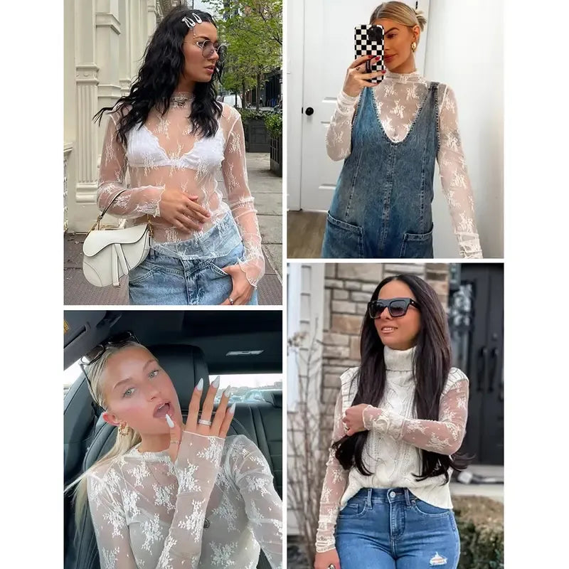 Women‘s Mesh Tops Lace Long Sleeve Shirts