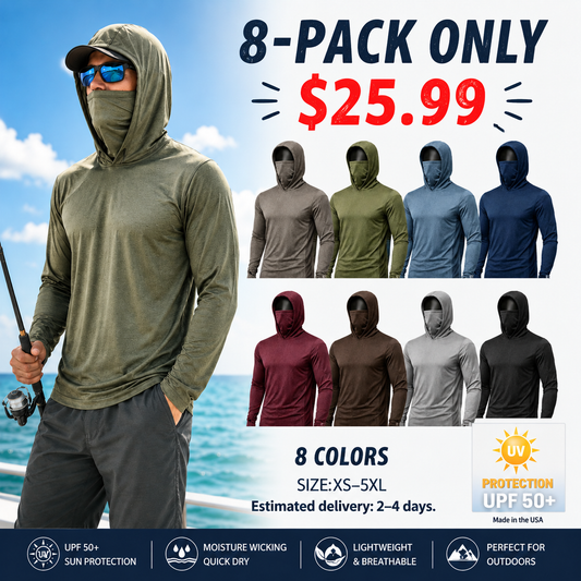 Men's UPF 50+ Long-Sleeve Sun-Protection Hoodie (with Sleeve Pocket and Face Mask)