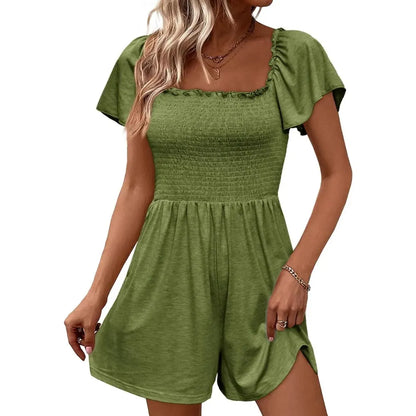 📢Womens Summer Smocked Romper Ruffle Sleeve Square Neck Flowy Short