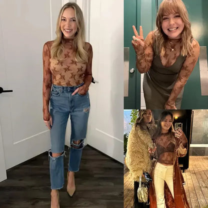 Women‘s Mesh Tops Lace Long Sleeve Shirts