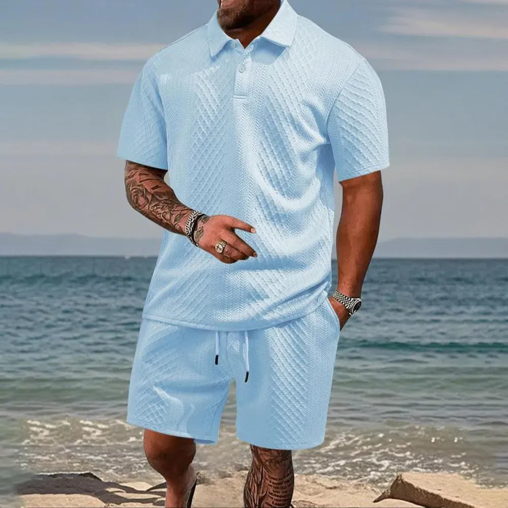 Men's Solid Polo Shirt & Drawstring Waist Shorts Set