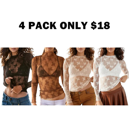Women‘s Mesh Tops Lace Long Sleeve Shirts