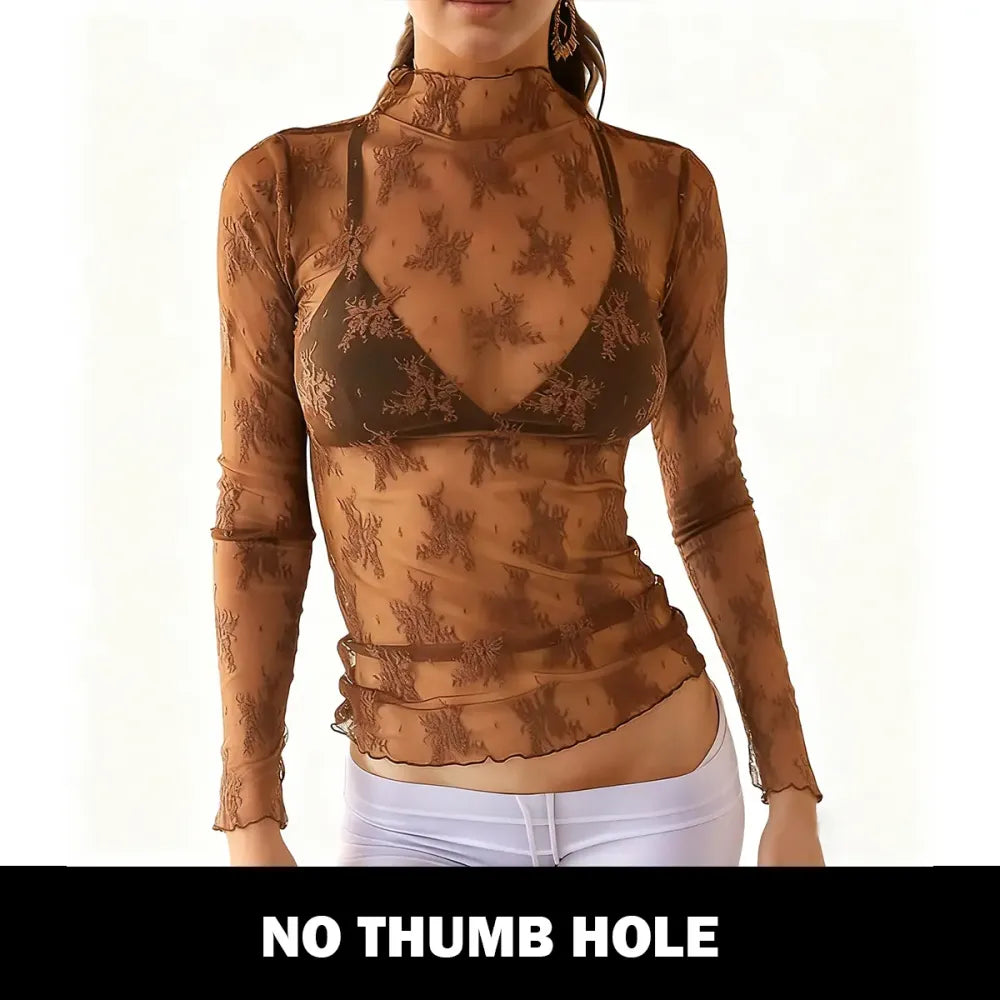 Women‘s Mesh Tops Lace Long Sleeve Shirts