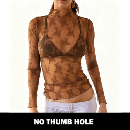 Women‘s Mesh Tops Lace Long Sleeve Shirts