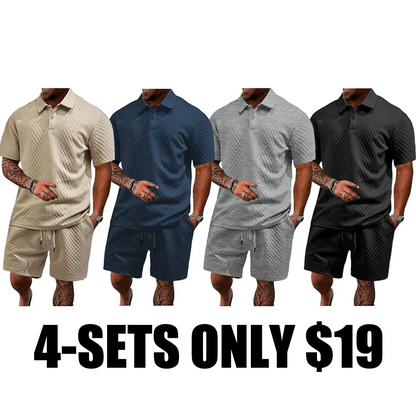 Men's Solid Polo Shirt & Drawstring Waist Shorts Set