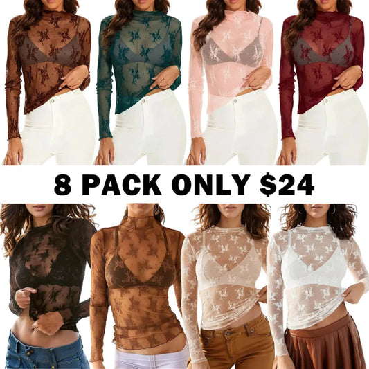 Women‘s Mesh Tops Lace Long Sleeve Shirts