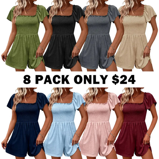 📢Womens Summer Smocked Romper Ruffle Sleeve Square Neck Flowy Short