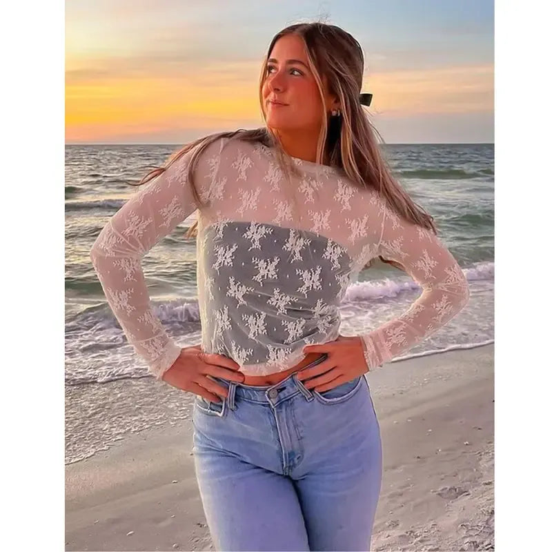 Women‘s Mesh Tops Lace Long Sleeve Shirts