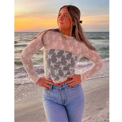 Women‘s Mesh Tops Lace Long Sleeve Shirts