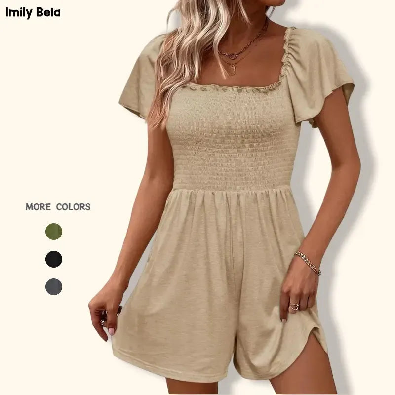 📢Womens Summer Smocked Romper Ruffle Sleeve Square Neck Flowy Short