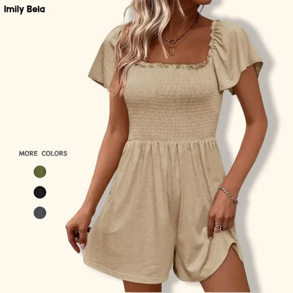 📢Womens Summer Smocked Romper Ruffle Sleeve Square Neck Flowy Short