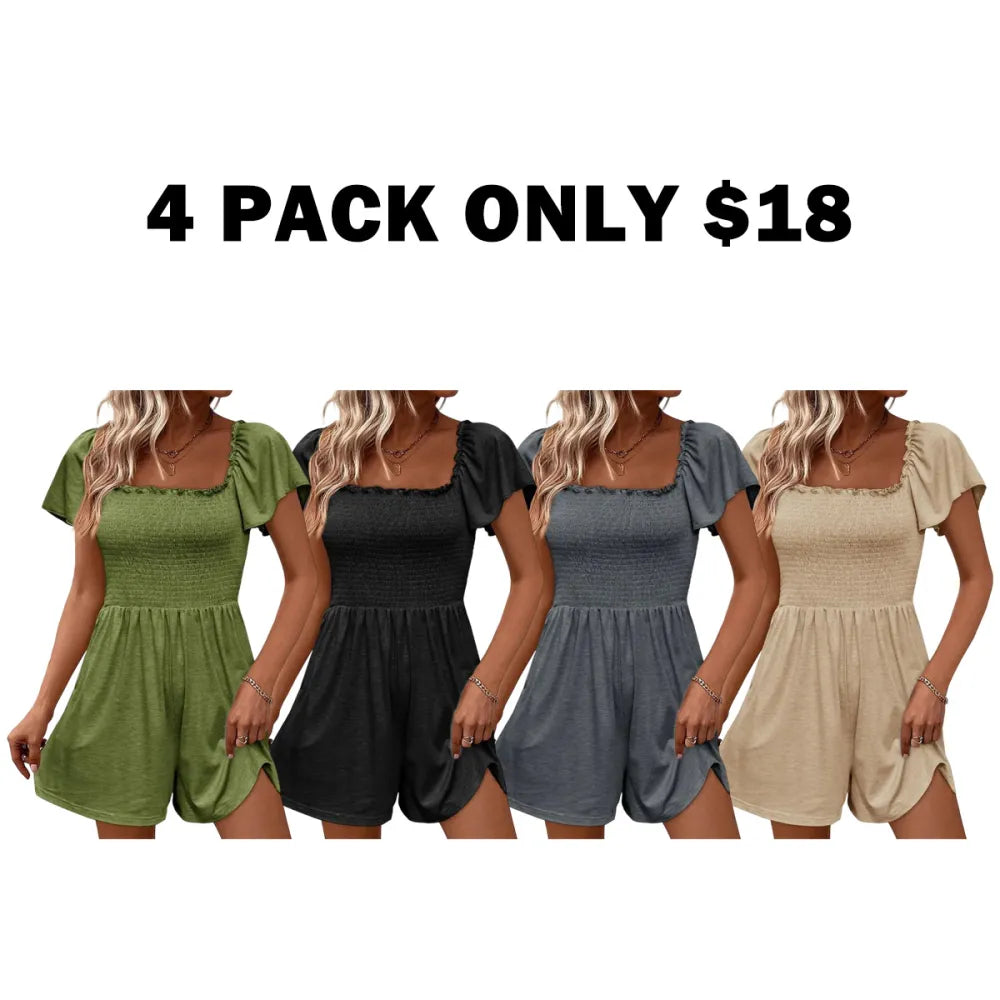 📢Womens Summer Smocked Romper Ruffle Sleeve Square Neck Flowy Short