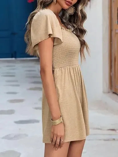 📢Womens Summer Smocked Romper Ruffle Sleeve Square Neck Flowy Short