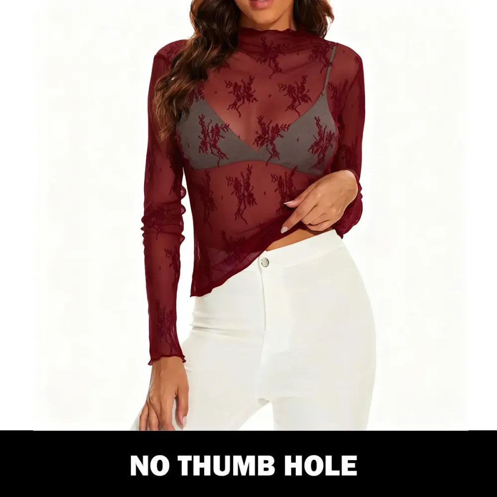 Women‘s Mesh Tops Lace Long Sleeve Shirts