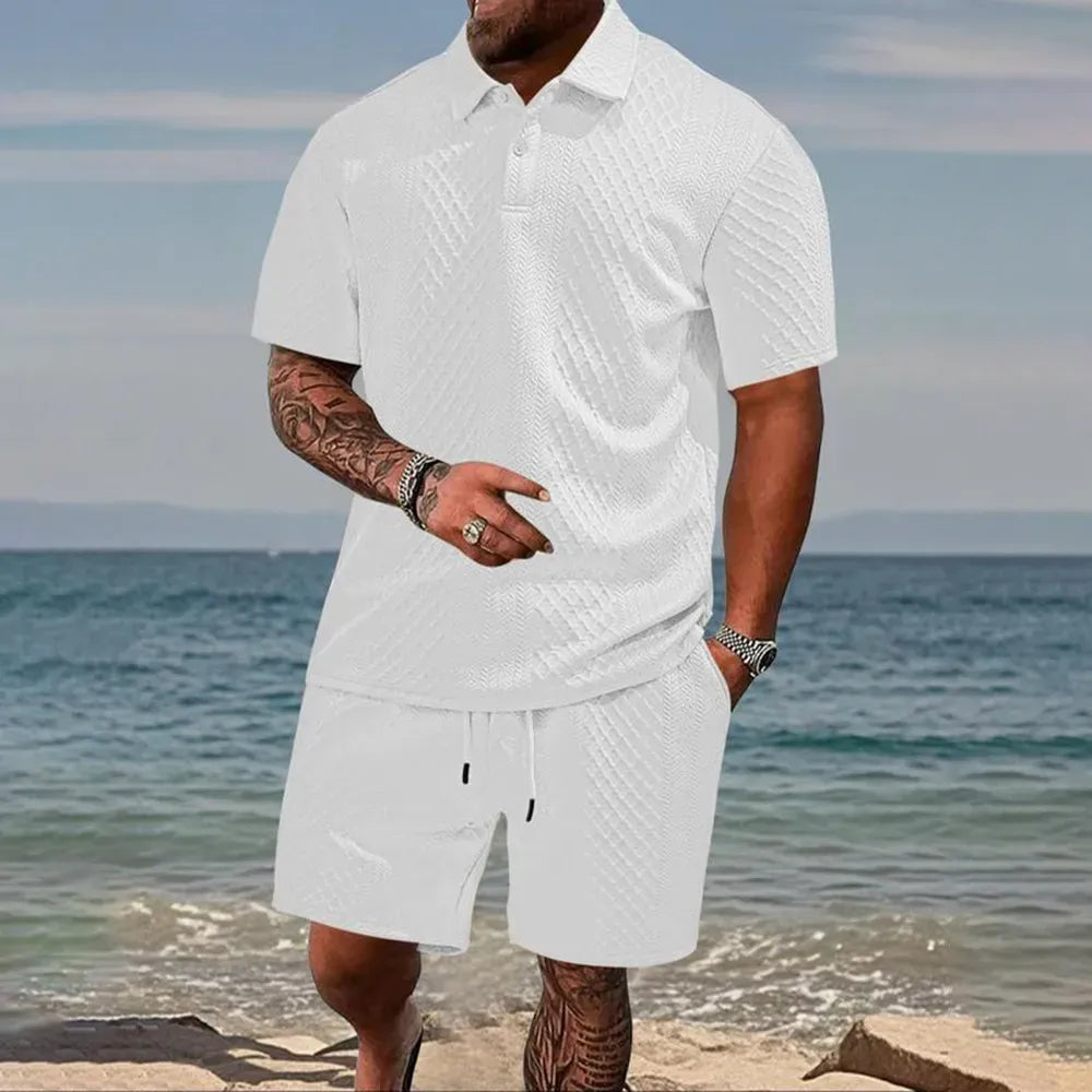 Men's Solid Polo Shirt & Drawstring Waist Shorts Set