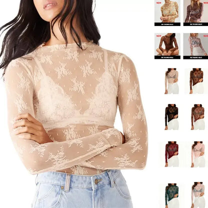 Women‘s Mesh Tops Lace Long Sleeve Shirts