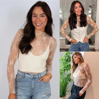 Women‘s Mesh Tops Lace Long Sleeve Shirts