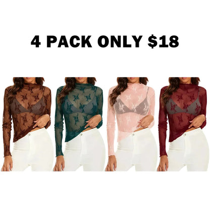 Women‘s Mesh Tops Lace Long Sleeve Shirts