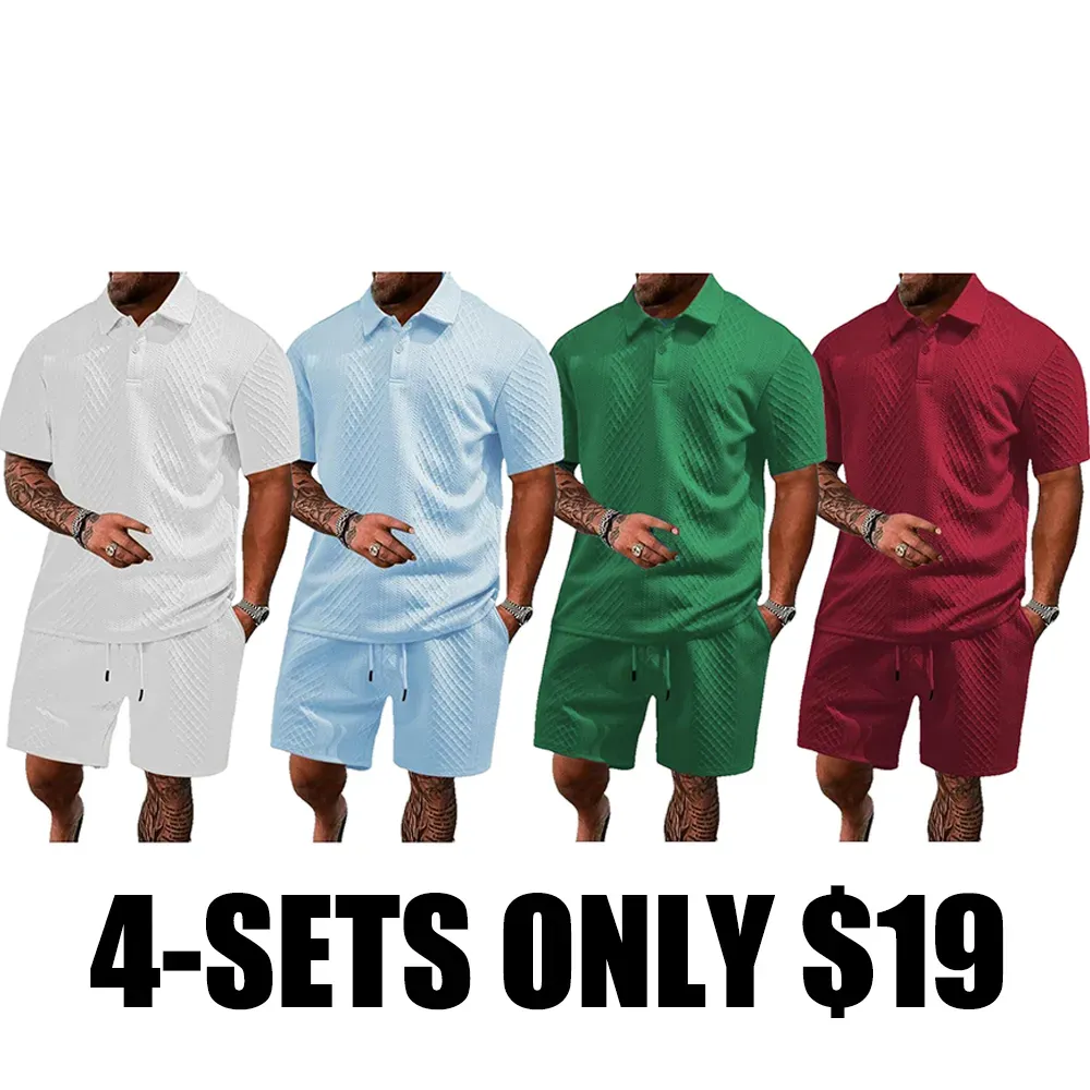Men's Solid Polo Shirt & Drawstring Waist Shorts Set