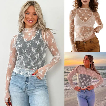 Women‘s Mesh Tops Lace Long Sleeve Shirts