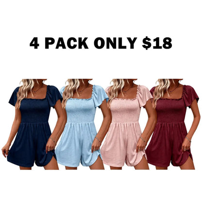📢Womens Summer Smocked Romper Ruffle Sleeve Square Neck Flowy Short