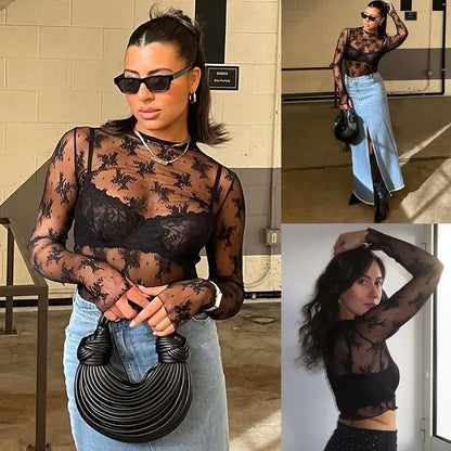 Women‘s Mesh Tops Lace Long Sleeve Shirts