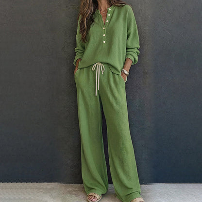 Women's Waffle Knit 2-Piece Lounge Set – Henley Long Sleeve Top & Wide-Leg Drawstring Pants